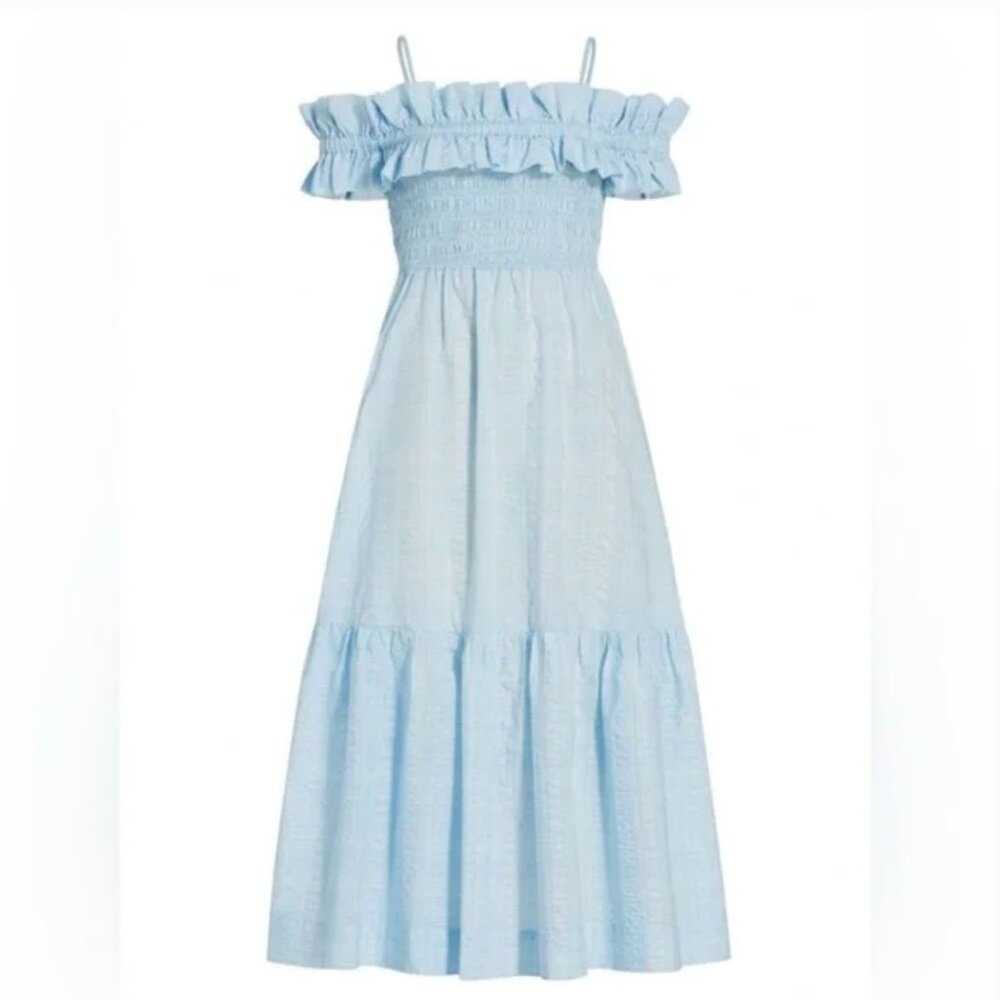 Ganni off shoulder seersucker dress